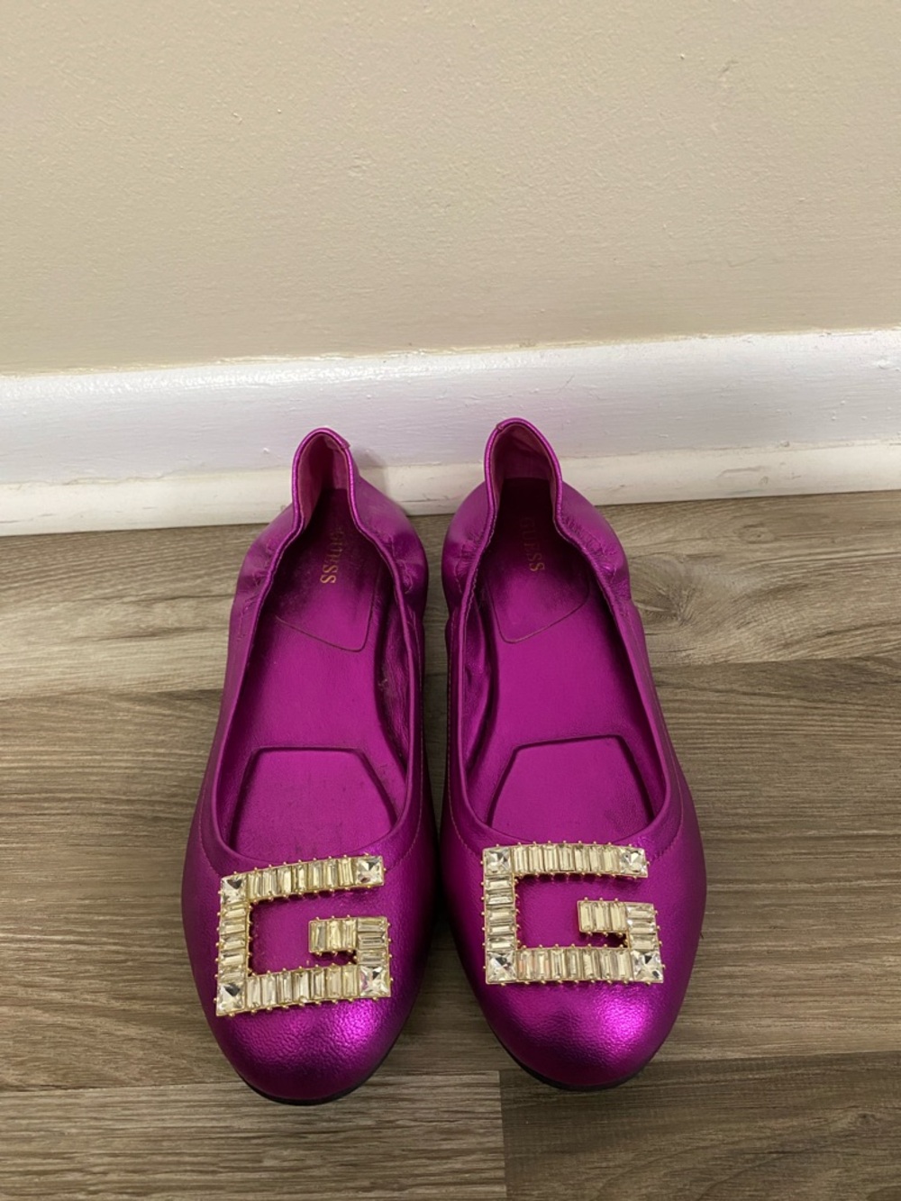 Guess Metallic Fuchsia Ballet Flats with Crystal G Emblem